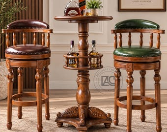 Handmade Solid Wood Bar Stool, Leather Upholstered Counter Chair, Swivel Pub Seating