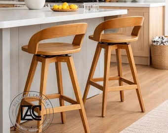 Solid Wood Swivel Bar Stool, Japandi Minimalist Kitchen Seating, Modern Designer Counter Chair