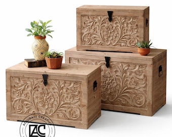 Set of 3 Wooden Storage Trunks Carved Chest Box Set