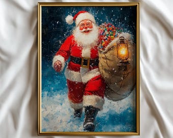Cuadro al óleo de Papá Noel nostálgico, arte mural navideño impresionista (descarga digital)