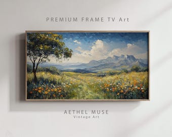 Cuadro decorativo para TV con diseño de pradera de flores silvestres y montaña, ideal para sala de estar (4K). Descarga digital.