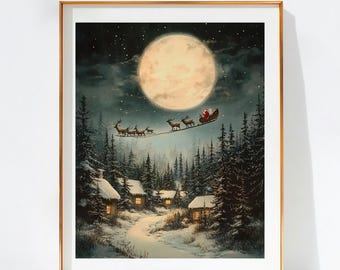 Cuadro navideño rústico: Papá Noel sobre cabañas nevadas, luna llena, bosque de pinos (descarga digital).