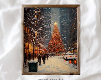 Decoración de pared con árbol de Navidad en el centro de la ciudad, pintura al óleo de ciudad nevada, decoración navideña acogedora, descarga instantánea.