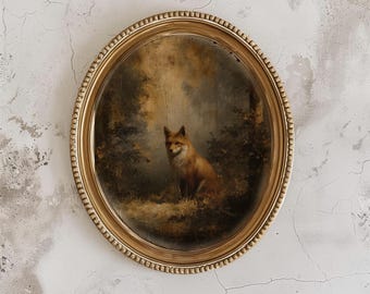 Lámina artística "Zorro melancólico en el bosque", estilo pintura al óleo antigua oscura, marco ovalado (descarga digital).