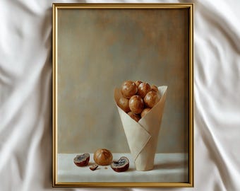 Pintura al óleo de castañas asadas en cono de papel, decoración de naturaleza muerta en tonos neutros (descarga digital)