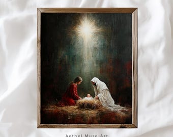 Cuadro decorativo de la Natividad, pintura al óleo con ambiente melancólico, Estrella de Belén (descarga digital)