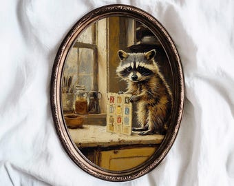 Cuadro de mapache para pared, pintura al óleo antigua, bodegón de granja, decoración campestre, descarga instantánea.