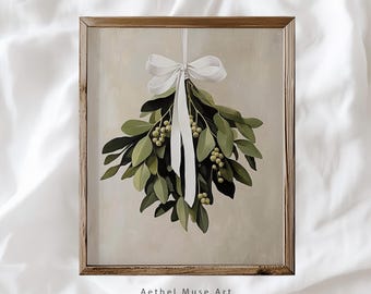 Cuadro decorativo de muérdago para colgar en la pared, pintura al óleo con lazo de cinta blanca, decoración navideña neutra, descarga instantánea.