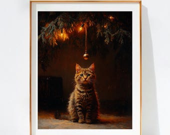 Gatito atigrado bajo las luces de Navidad, pintura navideña con ambiente melancólico (descarga digital)