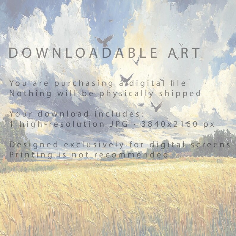 Golden Wheat Field With Birds Printable Wall Art framed and propped on a wooden bench with neutral decor