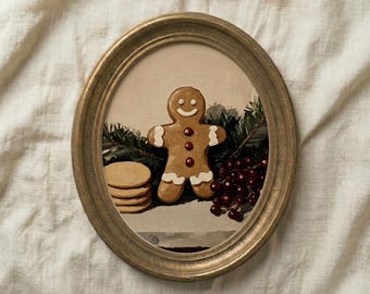 Cuadro de hombre de jengibre para pared, pintura al óleo de galleta navideña, decoración navideña neutra, descarga instantánea.