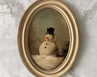 Estampado de muñeco de nieve con sombrero de copa, estilo pintura al óleo vintage, decoración rústica de cabaña (descarga digital)