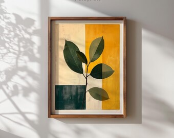 Lámina decorativa abstracta con diseño de ramas y hojas, color verde mostaza, descarga instantánea.
