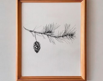 Cuadro minimalista de rama de pino, boceto botánico nórdico (descarga digital)