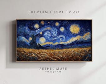 Starry Night Wheat Field Landscape, Post-Impressionist Swirling Sky, Frame TV Art, Digital Download