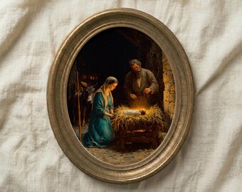 Lámina con la imagen de la Natividad, María, José y el Niño Jesús, decoración navideña (descarga digital).