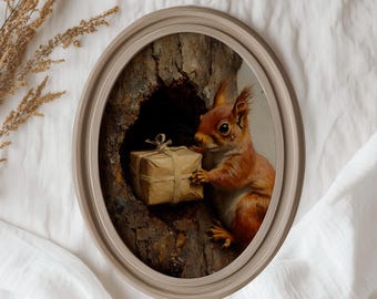 Cuadro al óleo de ardilla roja, decoración rústica de cabaña en el bosque (descarga digital)
