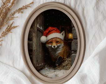 Pintura al óleo de un zorro rojo con gorro de Papá Noel, entrada rústica de granero, decoración acogedora de cabaña (descarga digital) - Instantánea