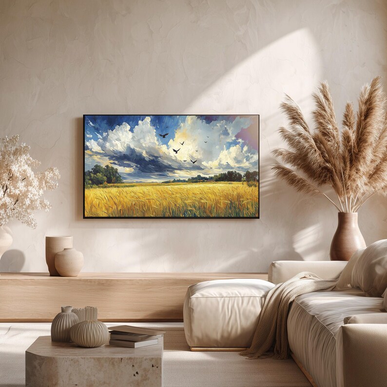 Golden Wheat Field With Birds Printable Wall Art displayed above a styled bedside table with warm lamp light