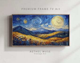 Paisaje con cielo arremolinado al estilo de Van Gogh, montañas azules y doradas (descarga digital)