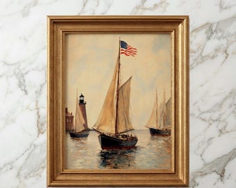 Vintage Sailboat Wall Art, American Flag Harbor Scene, Instant Download