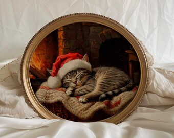 Cuadro al óleo de un gatito atigrado con gorro de Papá Noel, decoración navideña acogedora para la pared (descarga digital).