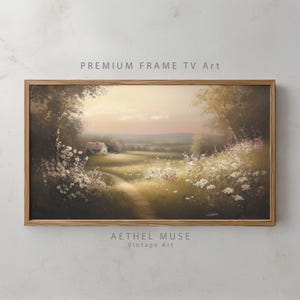 Könnte beinhalten: Gerahmtes Landschaftsgemälde mit warmer Farbpalette. Das Kunstwerk zeigt einen Weg zu einem kleinen Haus, umgeben von Feldern und Bäumen. Der Text "PREMIUM FRAME TV Art" und "AETHEL MUSE Vintage Art" sind sichtbar.
