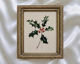 Ilustración en acuarela de una ramita de acebo, arte clásico navideño para la pared (descarga digital)