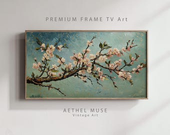 Teal Blue Almond Blossom Branch Art, Van Gogh Style Oil Painting (4K Digital Download)