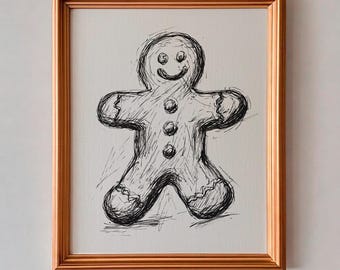 Decoración de pared con diseño de galleta de jengibre, dibujo a tinta estilo garabato, decoración navideña minimalista (descarga digital)