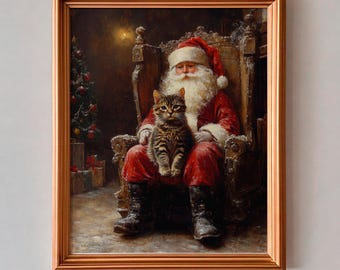 Lámina vintage de Papá Noel con gato, pintura al óleo, árbol de Navidad iluminado con farolillos (descarga digital)