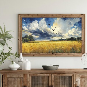Golden Wheat Field With Birds Printable Wall Art displayed in a minimalist interior with botanical accents