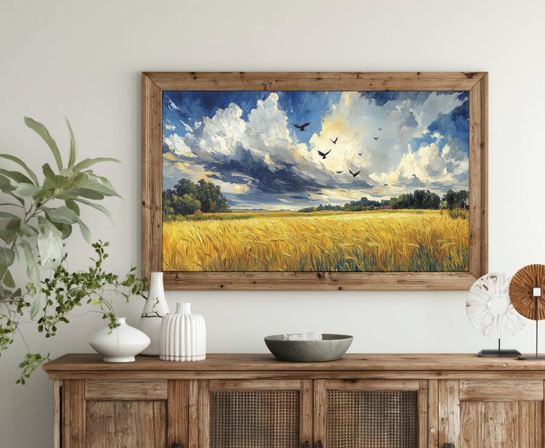 Golden Wheat Field With Birds Printable Wall Art displayed in a minimalist interior with botanical accents