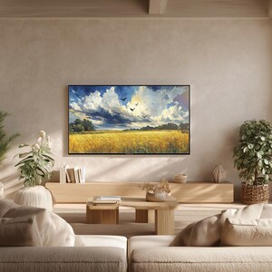 Golden Wheat Field With Birds Printable Wall Art shown above a wooden shelf alongside ceramic vases