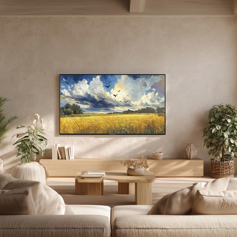 Golden Wheat Field With Birds Printable Wall Art shown above a wooden shelf alongside ceramic vases