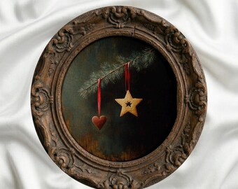 Adornos navideños de galletas con un toque melancólico sobre una rama de pino, con estampado de estrellas y corazones (descarga digital).