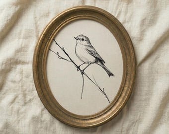 Petirrojo en rama desnuda, cuadro decorativo de pared, boceto en tinta negra, decoración minimalista de aves, descarga instantánea.