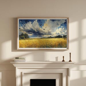 Golden Wheat Field With Birds Printable Wall Art hung in a cozy living room above a console table