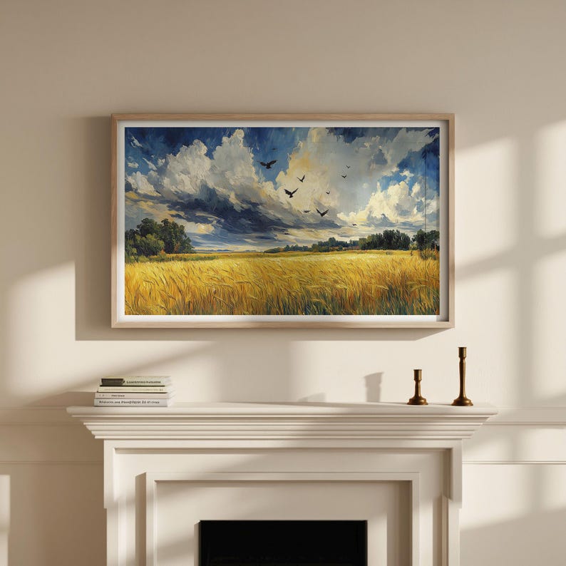 Golden Wheat Field With Birds Printable Wall Art hung in a cozy living room above a console table