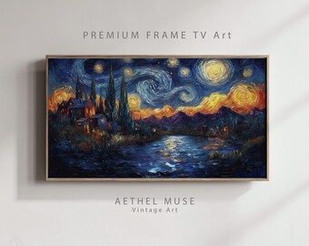 Swirling Night Sky Village River, Van Gogh Style Frame TV Art, Digital Download