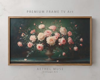 Pintura al óleo de rosas rosadas oscuras con un jarrón ornamentado, estilo claroscuro (descarga digital 4K)