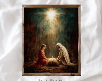 Lámina vintage de la Sagrada Familia con la imagen de un belén navideño (descarga digital).