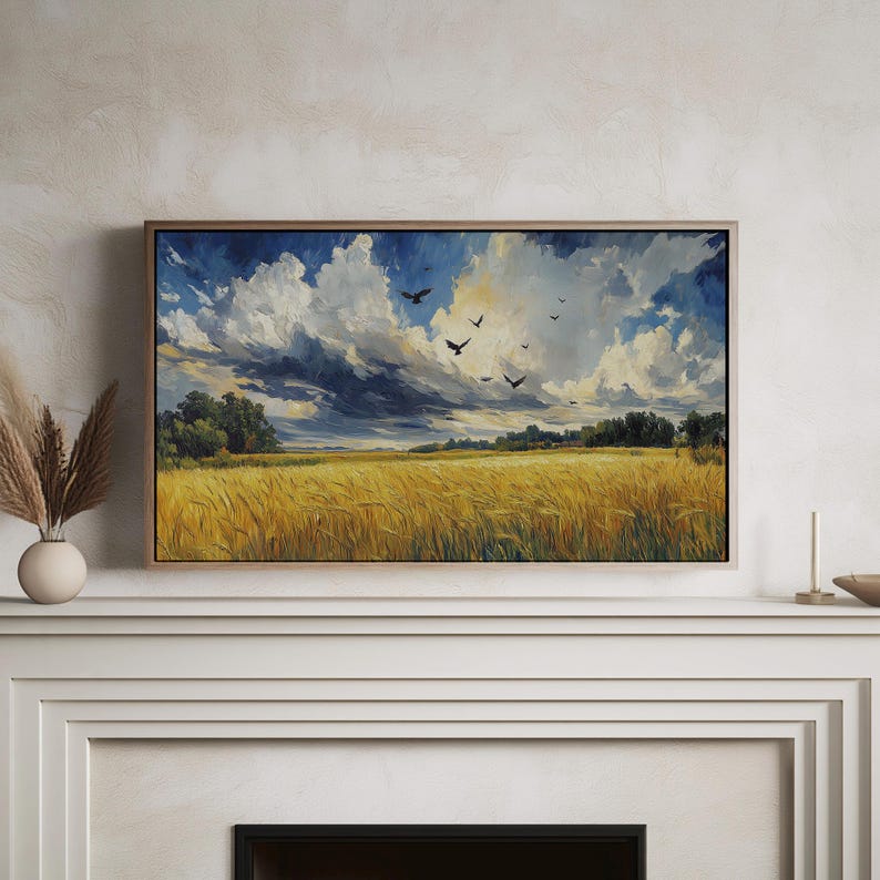 Golden Wheat Field With Birds Printable Wall Art hung in a sunlit office with curated styling