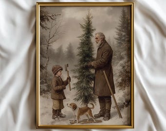 Lámina de pintura al óleo vintage, El abuelo elige el árbol de Navidad, Bosque nevado, Perro (Descarga digital)