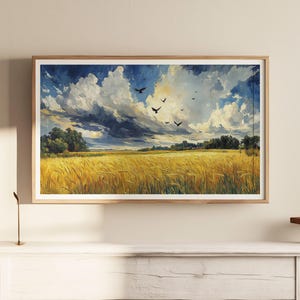 Golden Wheat Field With Birds Printable Wall Art displayed in a Scandinavian kitchen above open shelving