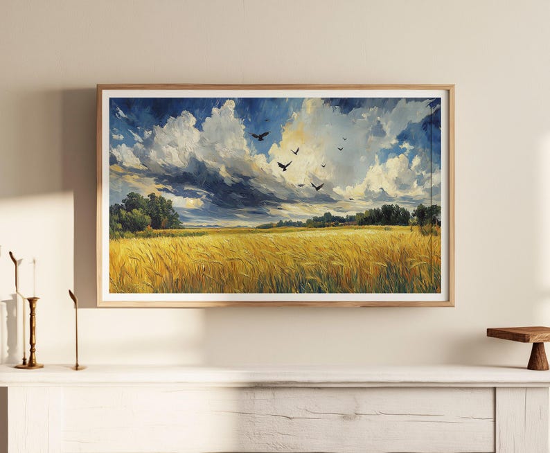 Golden Wheat Field With Birds Printable Wall Art displayed in a Scandinavian kitchen above open shelving