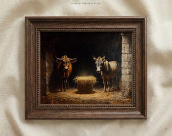 Cuadro al óleo del pesebre con buey y burro (descarga digital)