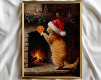 Gato pelirrojo con gorro de Papá Noel, pintura al óleo de chimenea, arte navideño para pared (descarga digital)