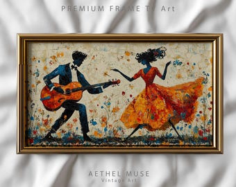 Guitarrista y bailarina enmarcan un cuadro de televisión, arte folk vintage, descarga digital, arte 4K.