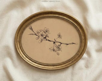 Cuadro decorativo de rama de cerezo en flor, dibujo botánico lineal en tonos beige, lámina de boceto vintage, descarga instantánea.